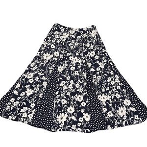Talbots Dark Navy and White Flowy Floral A-Line Skirt Cute Polka Dots Size 2